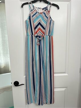 Truly Me Striped Multicolor Halter Jumpsuit - Blue, Navy, Teal, Coral, White